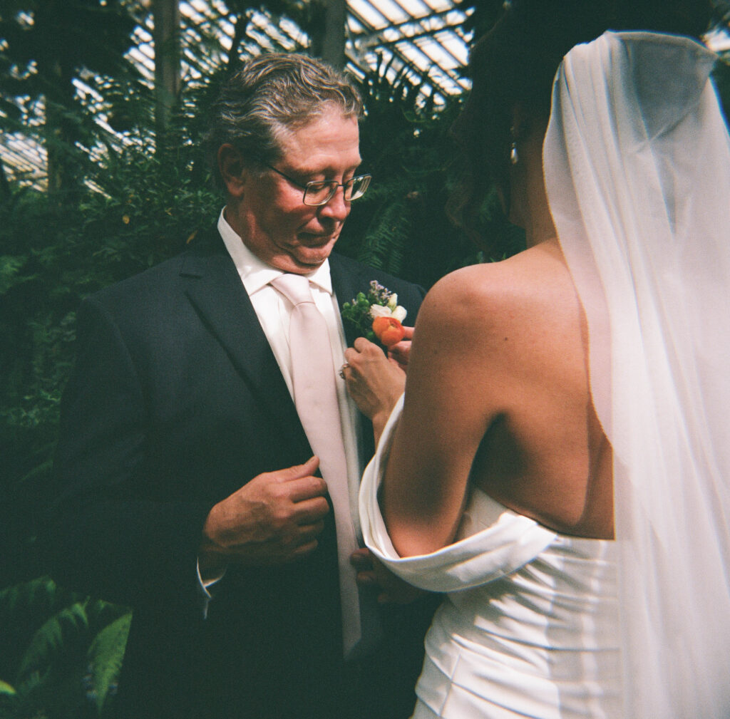 bride puts boutineer on her dad in the fern room at garfield park conservatory on medium format film.