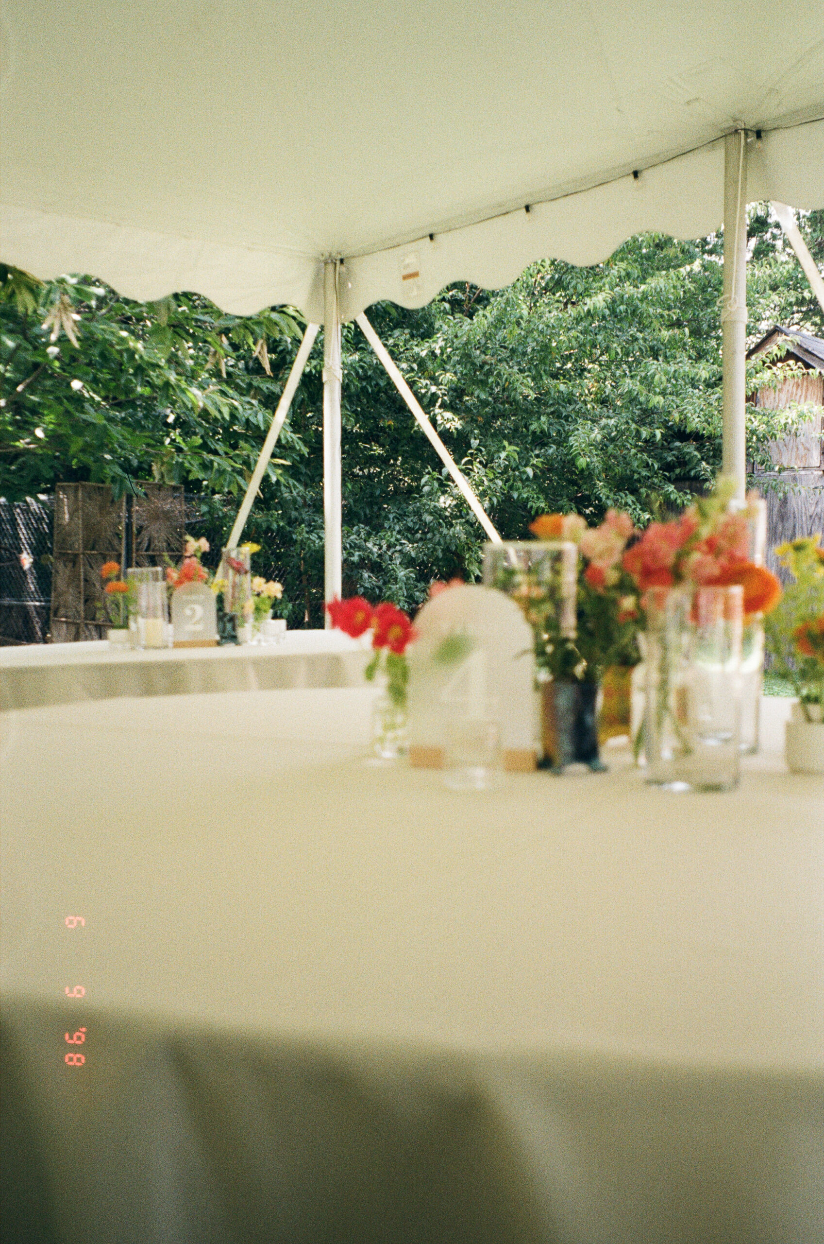 High-end backyard wedding tablescape with elegant florals and curated details under a tent, photographed on 35mm film by Emily Ambie.